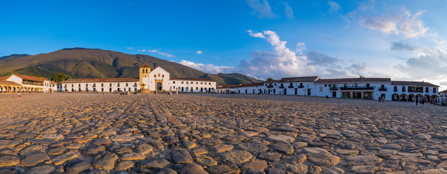Colombia, Villa de Leyva (Plaza Mayor) is a touristic colonial town and municipality, in the Ricaurte Province, part of the Boyaca, department of Colombia. Parish church on the plaza central