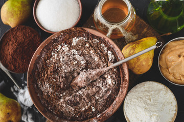 chocolate vegan Dough for cake in a baking dish