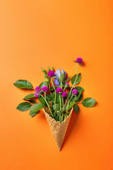 Waffle cone with beautiful flowers on color background