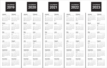 Year 2019 2020 2021 2022 2023 calendar vector design template