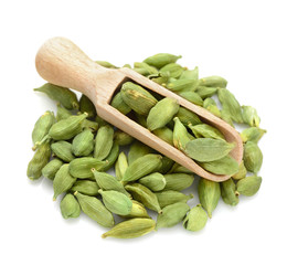 green Cardamom, cardamon, cardamum in a scoop for spices