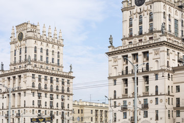 Obraz premium Detailed view of The Gates Of Minsk. Soviet Heritage. Famous Landmark. Station Square. Minsk. Belarus.