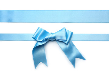 Blue ribbons with bow on white background