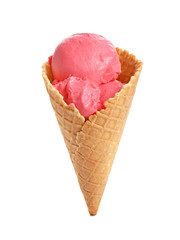 Waffle cone with delicious strawberry ice-cream on white background