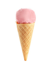 Waffle cone with delicious strawberry ice-cream on white background