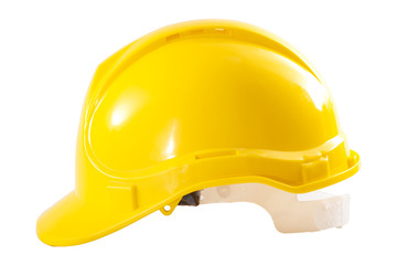 Industrial workers or construction site safety equipment concept with side view of a yellow hard hat isolated on white background with a clipping path cutout