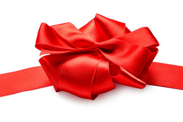 Red ribbon with beautiful bow on white background