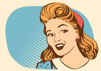 Retro smiling woman portrait face.Vector color retro background © GeraKTV