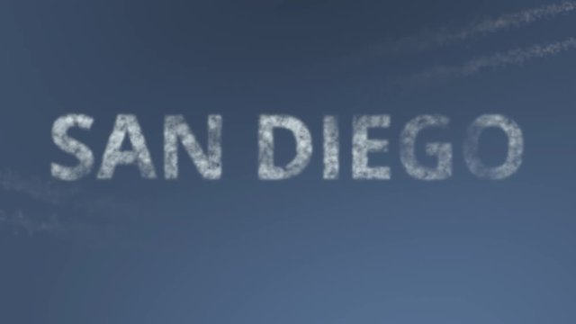 Flying airplanes reveal San Diego caption. Traveling to the United States conceptual intro animation