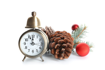 Alarm clock and festive decor on white background. Christmas countdown