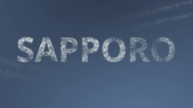 Flying airplanes reveal Sapporo caption. Traveling to Japan conceptual intro animation