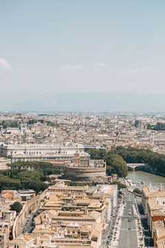 Vatican city, St. Peter's square. The view from the top and inside. Ancient architecture of Rome and the sights. Sculptures and Frescoes of great artists. Vatican Museum inside. Panoramic view