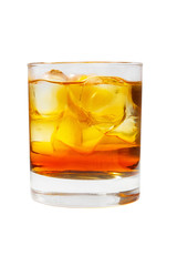 A single-colored transparent cocktail, refreshing in a low glass with radiant ice cubes with a taste of melon, pineapple, pear, apple, fruit, Orange. Side view Isolated white background