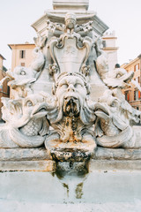 The architecture of Rome and the Italian style in stucco. Sights of the old town, tourist places. Street art, world heritage. Miracle of light. Carved columns and capitals. Ancient structure