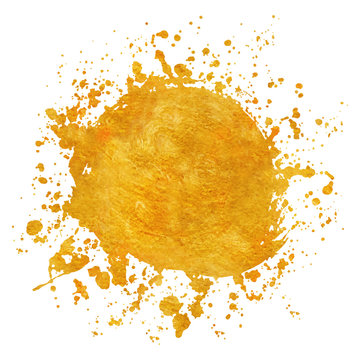 Splatter gold round frame backgrounds paints set with golden splash on white.