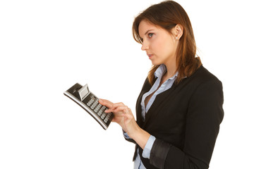 beautiful woman accounting on calculator isolated