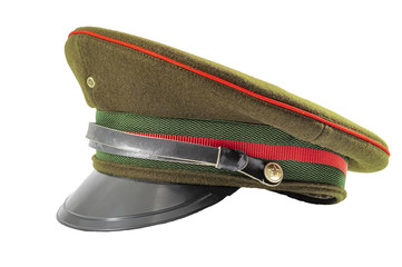 Russian military hat and soviet army uniform concept with side view of a army officer cap isolated...