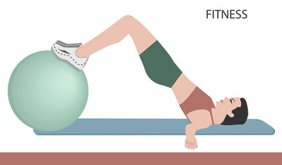 Fototapeta na wymiar Fitness ball - exercise for the abdominal muscles - isolated on white background - flat style - vector art