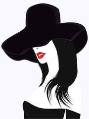 Silhouette of a woman in a hat, red lips, long hair, modern, elegant - isolated on white background - flat style - art vector