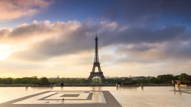 Beautiful full HD timelapse (hyperlapse) of the Eiffel tower at sunrise in spring in Paris, France
