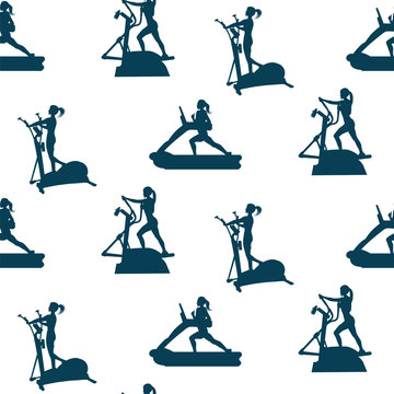 Sports pattern - female athletes on a stepper and a treadmill - white background - vector