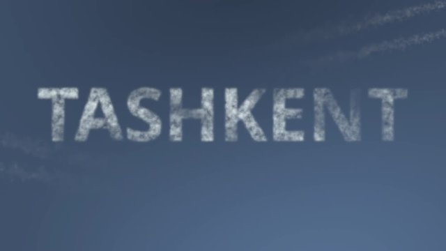 Flying airplanes reveal Tashkent caption. Traveling to Uzbekistan conceptual intro animation