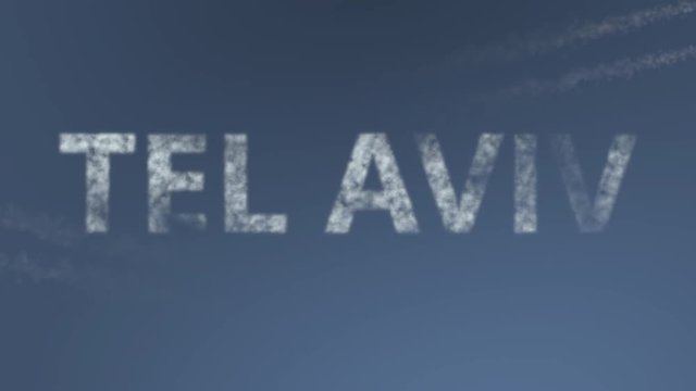 Flying airplanes reveal Tel Aviv caption. Traveling to Israel conceptual intro animation