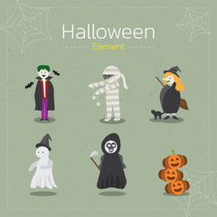 Halloween characters element collection.It consists of
pumpkin mummy ghost dracula witch and angle on green background
