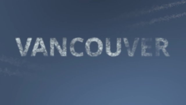 Flying airplanes reveal Vancouver caption. Traveling to Canada conceptual intro animation