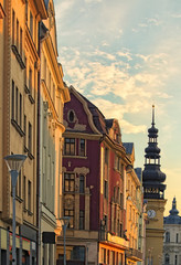 Colorful tenement houses and Old Town Hall at Masaryk Square in Ostrava during summer sunset. Czech Republic