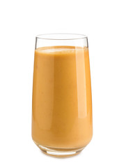 Glass with fresh peach smoothie on white background