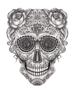 Art Sugar Skull Day of the dead. Hand pencil drawing on paper.
