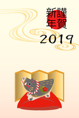  年賀状。干支の年賀状。 猪のイラスト。亥年の年賀状。 2019年年賀状。十二支。縁起物。