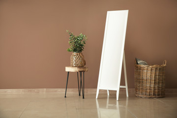 Large mirror and houseplants near color wall