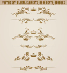 Set of filigree damask ornaments. Floral golden elements,