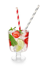 Glass of fresh strawberry mojito on white background