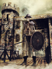 Żołnierz szkielet stojący na moście na tle starego zamku - obrazy, fototapety, plakaty