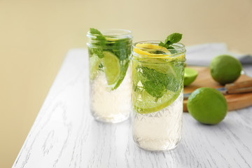 Jars of fresh mojito on light table