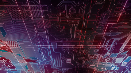 Digital electronic circuit board. Abstract structure of many glowing lines and geometric elements. Creative technology concept. Luminous and metal elements on black background. 3d rendering
