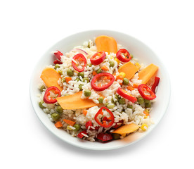 Bowl with tasty boiled rice and vegetables on white background