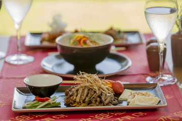 Chicken meat meal served with salad and macaroni - Vietnamese meals