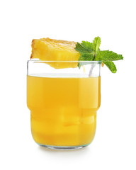 Glass of tasty pineapple cocktail on white background