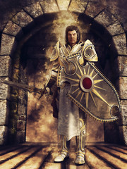 Fototapeta Baśniowy rycerz z tarczą i mieczem stojący na tle zamkowej bramy obraz