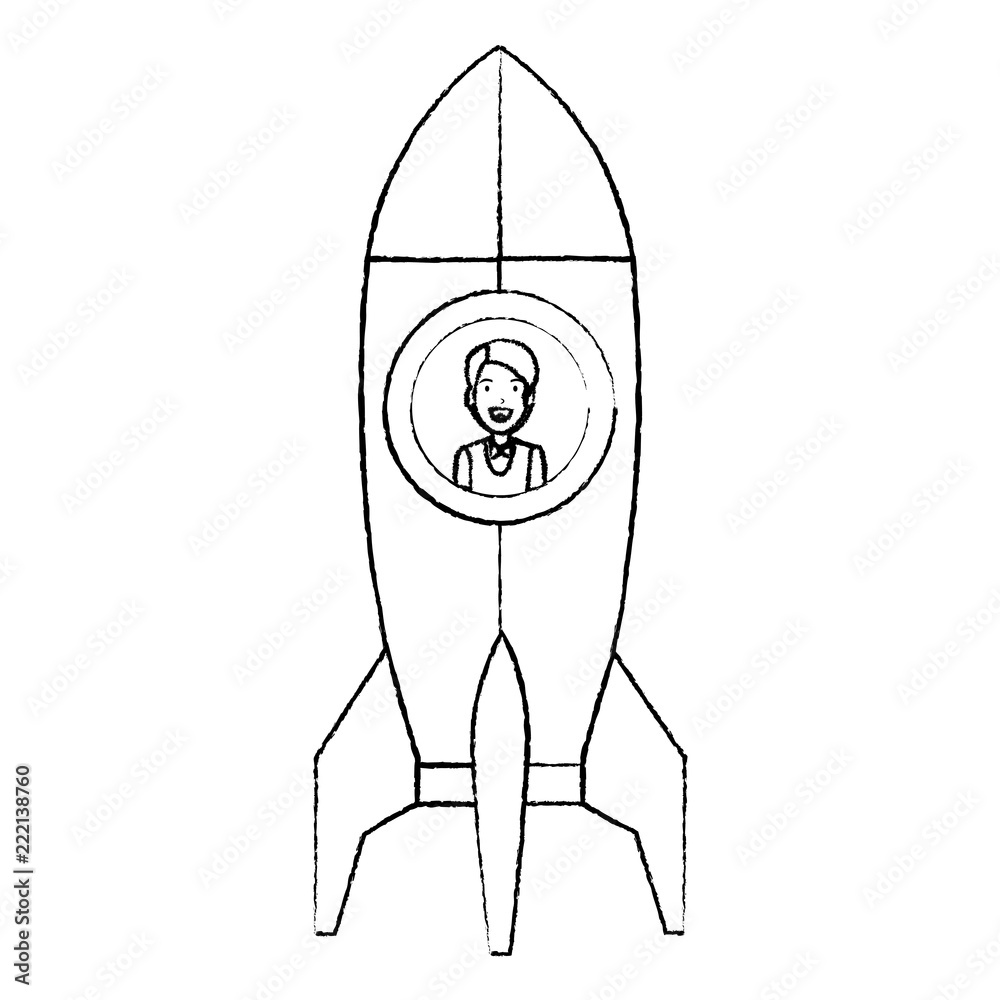 Sticker young man in rocket startup