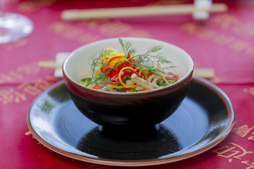 Chicken meat meal served with salad and macaroni - Vietnamese meals