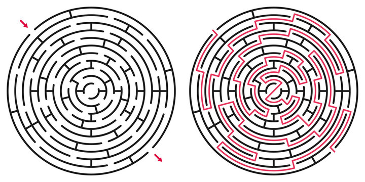 Abstract circle maze / labyrinth with entry and exit. Vector labyrinth 240.