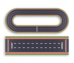Kart race background. Top view. Line asphalt and circular track roads. Finish and start lines. Vector illustration.
