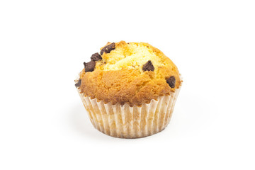 The tasty muffins with chocolate isolated on white background.