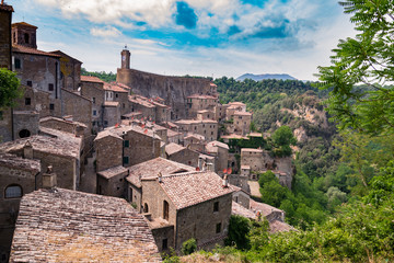 Fototapeta na wymiar Panorama of Sorano, a town built on a tuff rock, one of the most beautiful villages in Italy.