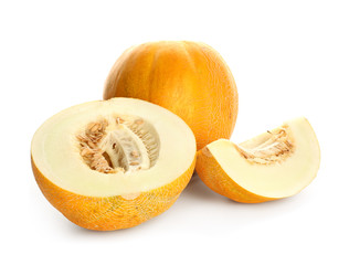 Cut and whole ripe sweet melons on white background
